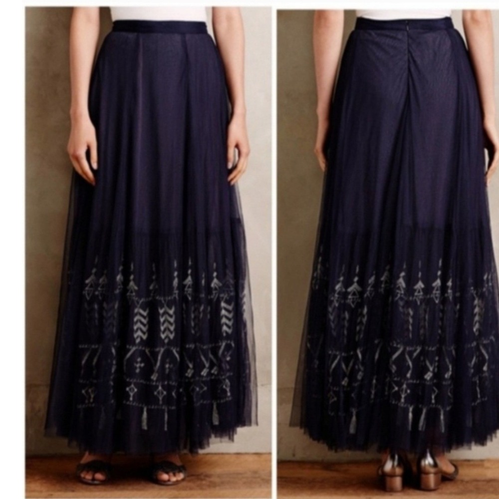 Anthropologie Floreat Embroidered Tulle Maxi Skirt in Navy Blue Size 8